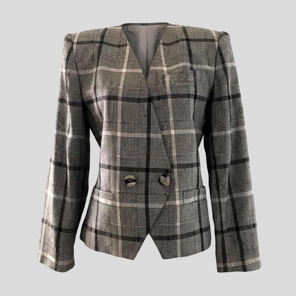 Vintage 80s Brown Plaid Cropped Suit Jacket Blazer Womens Size 2 Dark Academia